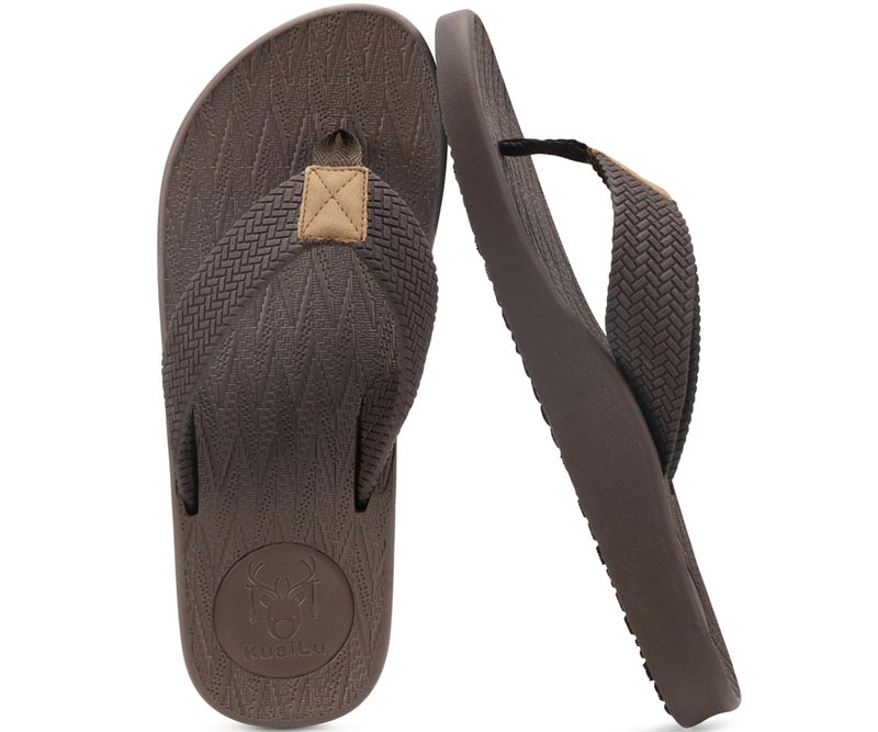 KuaiLu Mens Flip Flops Arch Support Comfortable Cushion Memory Foam Recovery Walking Waterproof Leather Thong Sandals Orthotic Plantar Fasciitis Summer Casual Beach Pool Slip on Slippers Brown Size 9 - Image 1
